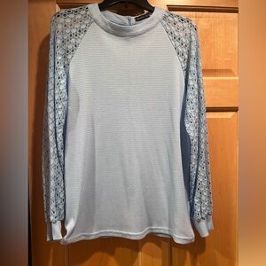 Womens Miholl Waffle Knit Blouse With Balloon Lace Long Sleeve Sky Blue Large